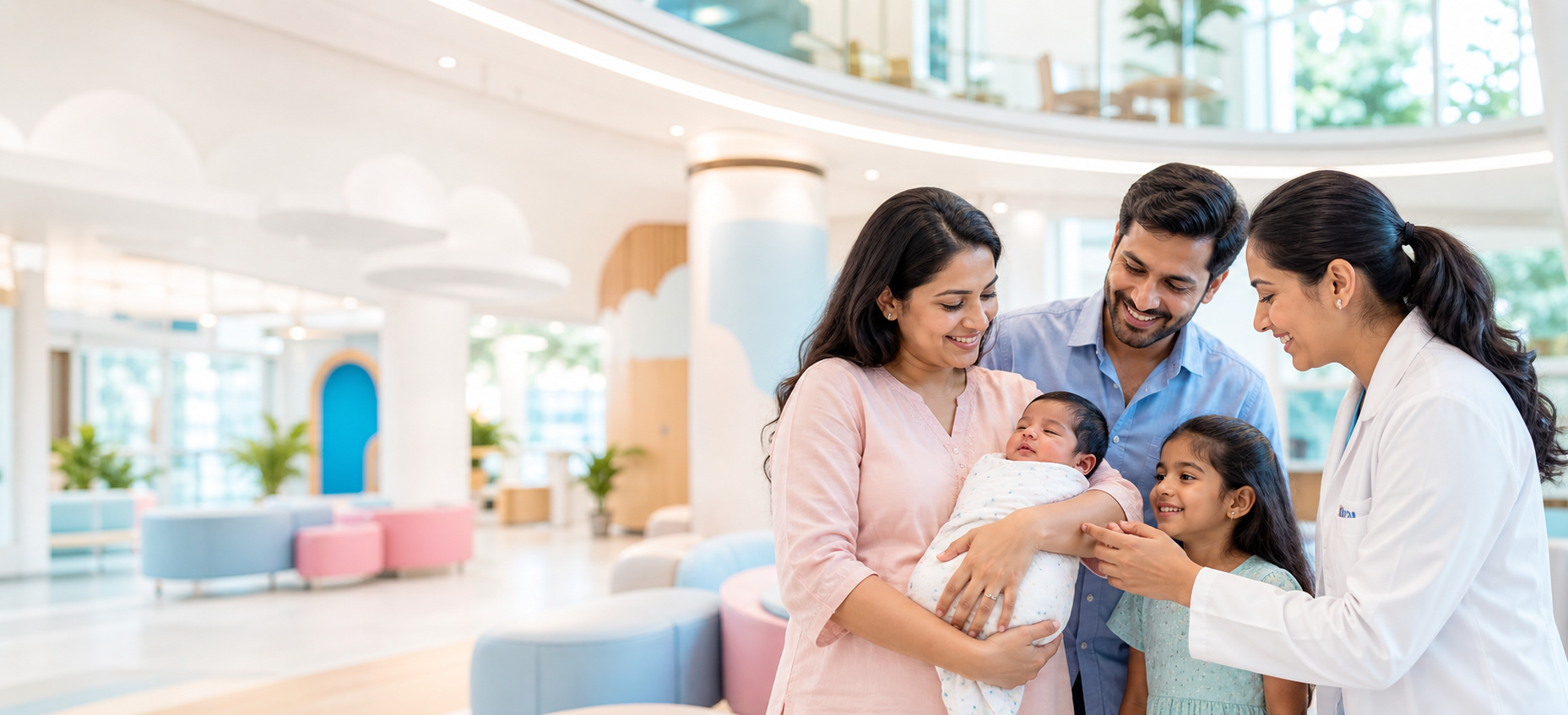 Happy family with newborn and pediatrician